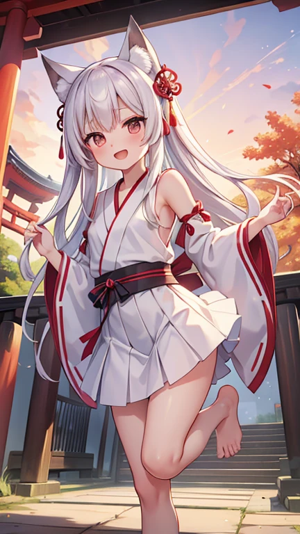 , ultra detailed, hyper detailed, best quality, highres, 4K, master piece, field of flowers, , looking at viewer, puzzled, happy,   , shy, silver hair, very long hair, wave hair, gradient hair, tall, slender, beautiful breasts, shrine maiden outfit ,red skirt, (upskirt),  (panties), dappled sunlight, 