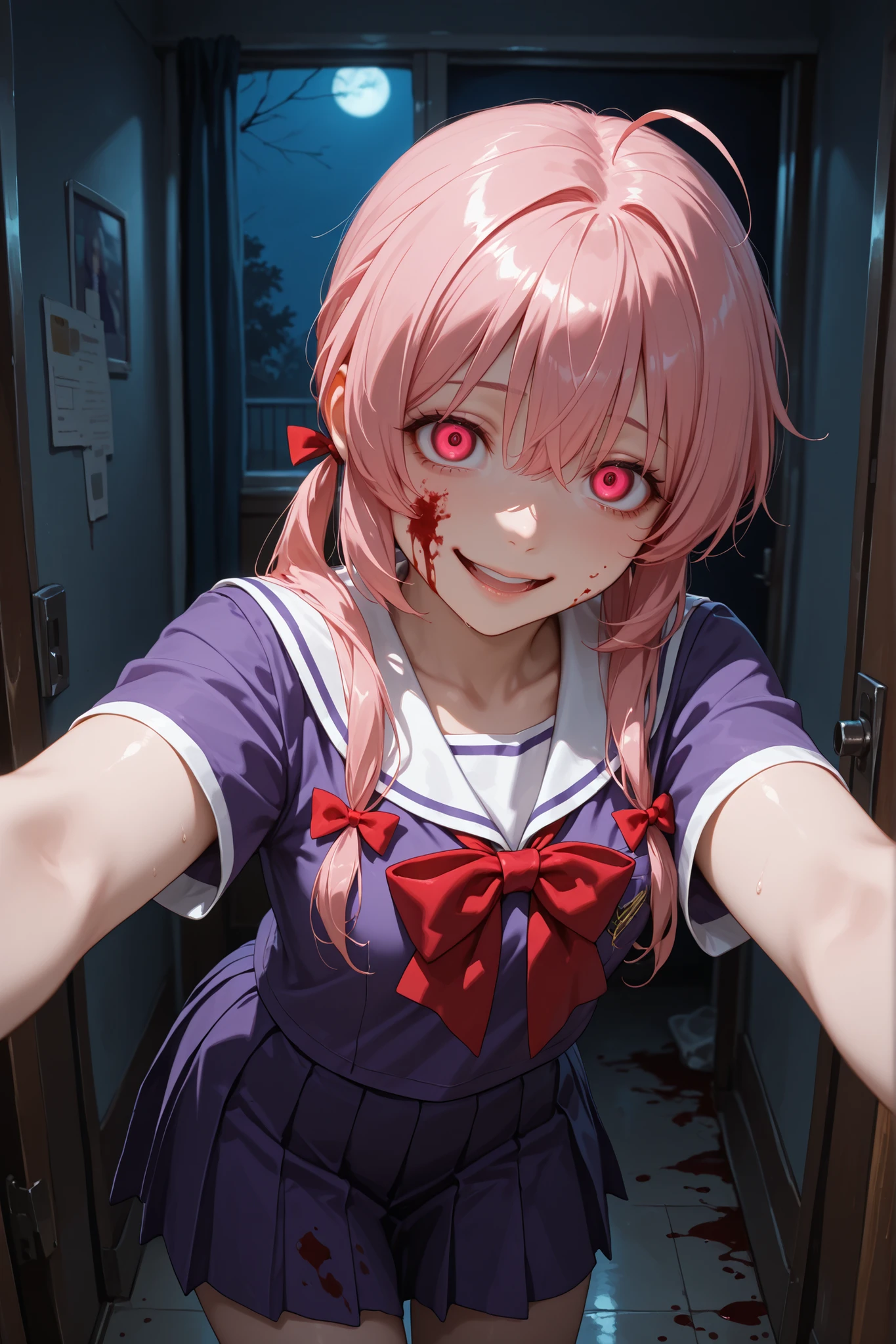 1 girl, yuno gasai, pink hair, double ponytail, hair bow, school uniform, serafuku, purple shirt, red bow, short sleeves, purple skirt, pleated skirt, school, inside the room, blood stain on the face, creepy smile, yandere, night, looking at the viewer, pretty, sensual, attractive, sexy pose, masterpiece, best quality, ultra detailed, very aesthetic