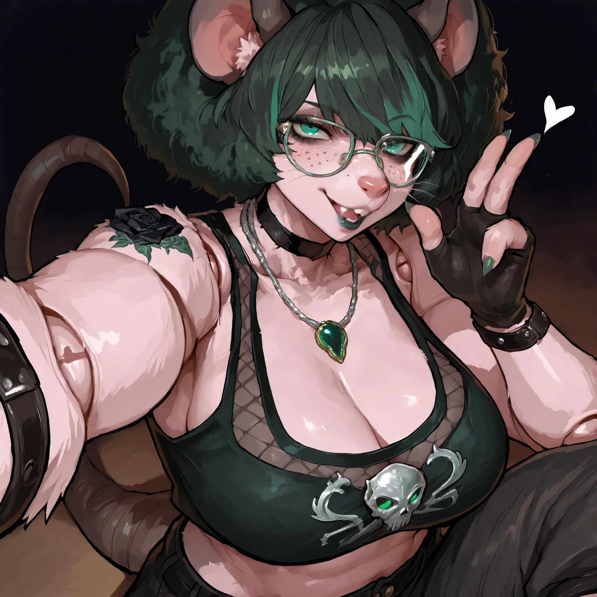 (Tall Mature Voluptuous Female furry rat), (black big curly afro with green highlights), (Green streaks in hair), (green eyes), (glowing iris), (black choker), (black leather bracelets), (Black Rose Tattoo on right shoulder), (Silver necklace with a green jade skull trinket), (fingernails), (green nail polish), (Long curvy fit legs), (freckles on face), (freckles on shoulder), (Dark Grey lipstick), (rat ears), (black ears, pink inside), (chipped right ear), (rat buck teeth), (white sclera), (rat nose), (rat tail), (anatomically correct rat whiskers), (goth makeup), (plump kissable cupid lips), (half open tired eyes), (glasses),(Flat chested), 8k quality, highly detailed, Persona Art Style, perfect detailed face, Fit upper body, Fit muscular arms, detailed muscles, Tomboy muscle build, detailed eyes, perfect detailed hands, accurate detailed doll joints, detailed thigh doll joints, detailed doll joints, detailed doll neck joint, detailed lips, 80's comics, femboy, cute, 80'sアニメーション、score_9, score_8_up, score_7_up, (One) elegant, Cheeky pose, Focus on face, Top half photo, goth Fishnet almost see through Sheer Crop top with cleavage window, Goth cargo pants, fingerless gloves, Close up view, Close up view on face, Portrait oil Painting style, realistic painting style, cute rat-like facial features, anthropomorphic, anthropomorphic face, sultry Expression, sharp rat claws, fierce eyes, sitting, legs crossed, full furry anthro, mature feminine body type, cream colored fur on body, Rat buck teeth, black smoky background, fur covered skin, black rat ears pink inside, Plush thick thighs, Extremely Enormous Large Breasts, Perfect cleavage, (accurately 36QQ Breasts Size), (36QQ cup size shaped like anime character Meiko Shiraki's), (Mieko Shiraki's Breasts), (Watermelon humongous sized breasts), (rat buck teeth), (rat teeth), showing off breasts, puffing chest out, Taking selfie, blowing kiss at viewer, winking at viewer, realistically detailed, facing viewer