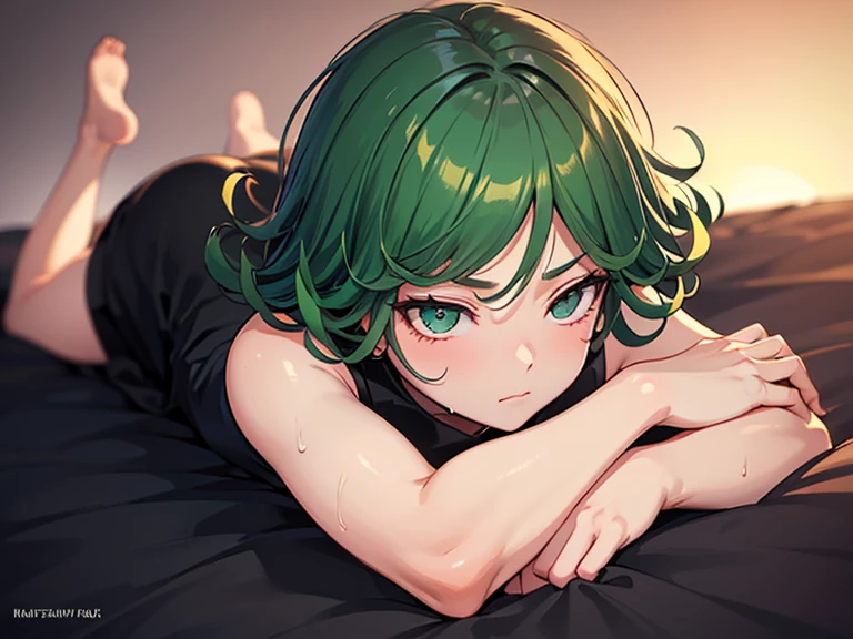 Tatsumaki from One Punch Man, anime style, soft pastel colors, full body, lying on her back, legs bent upward with feet in the air, body seen from a top-down (bird's eye view) perspective, petite and slender body type faithful to her character, very small chest, smooth bare legs exposed, slightly messy and cute curly green hair spread around her head, wearing her characteristic black form-fitting dress with long sleeves and high side slits, the dress revealing her thighs, arms resting lightly near her body, gentle dreamy expression, eyes half-closed or looking up softly, soft body glow with very light sweat on skin, subtle highlights on chest, collarbone and legs, warm and dreamy sunset lighting, faint beam of light behind her, solid color gradient background with smooth transitions, full body fully visible in frame, realistic proportions faithful to Tatsumaki's original design, soft focus, highly detailed, elegant and softly sensual atmosphere