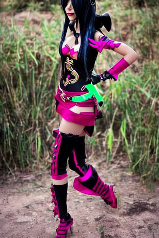 ((melhor qualidade)), ((obra de arte)), (detalhado), there is a woman with pink hair standing on a dock, fuchsia skin below the armor, fuchsia skin beneath the armor, cyberpunk outfit, sea of thieves style, fuchsia skin, thicc, smooth fuschia skin, dark purple hair and cybernetics, wearing techwear and armor, cyberpunk style outfit, fantasy outfit, saints row fursuit tails mod
