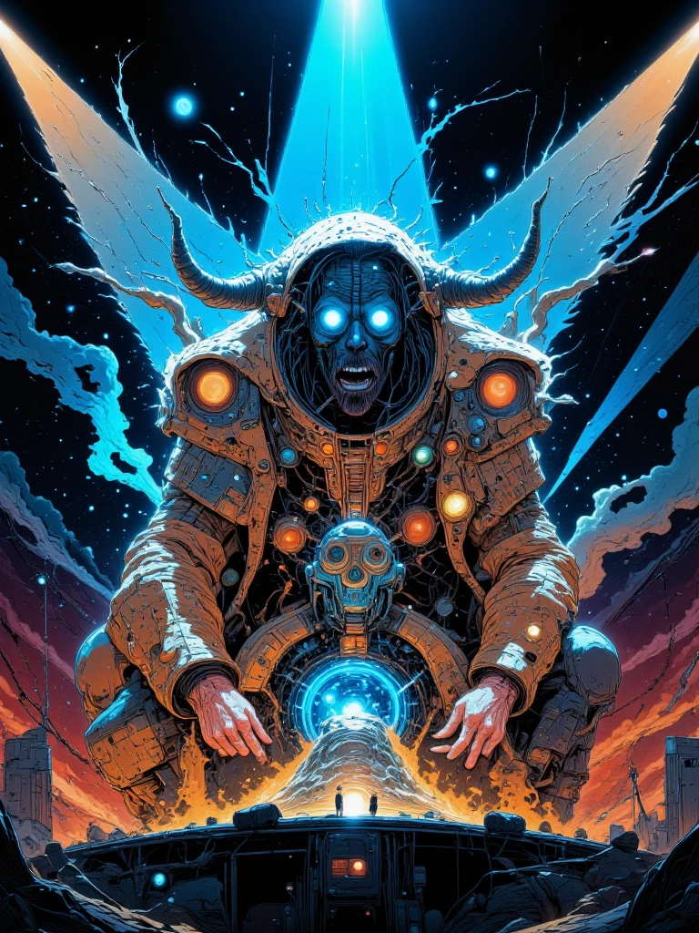 Use this prompt to create an image in the style of 1950s-70s comic book art. Use bold outlines, halftone patterns, and exaggerated perspective. Employ intense, saturated colors reminiscent of vintage four-color printing. Maintain a psychedelic, otherworldly atmosphere with swirling, colorful skies and strange celestial bodies. Emphasize the contrast between light and shadow to create a dramatic, pulp sci-fi feel. Create an image of: tentacled alien monsters.