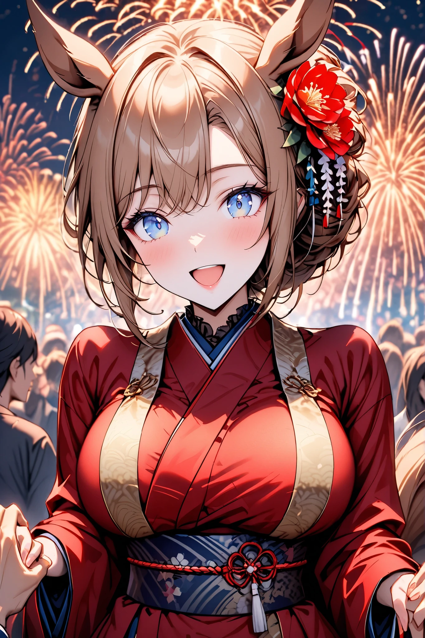 solo, female, centaur, large breasts, thin waist, excited, POV, date, holding hands, crowd, horse ears, Chestnut brown fur, cherry blonde hair and tail, gentle, smile, Japanese clothes, festival, luxurious, beautiful kimono, adult, Victorian, wealthy, close up, centaur, centaur, Victorian, centaur girl, very tall, long straight hair, tied hair, simple dress, close up, steel blue eyes, hair ornament, hair flower, obi, night, fireworks
