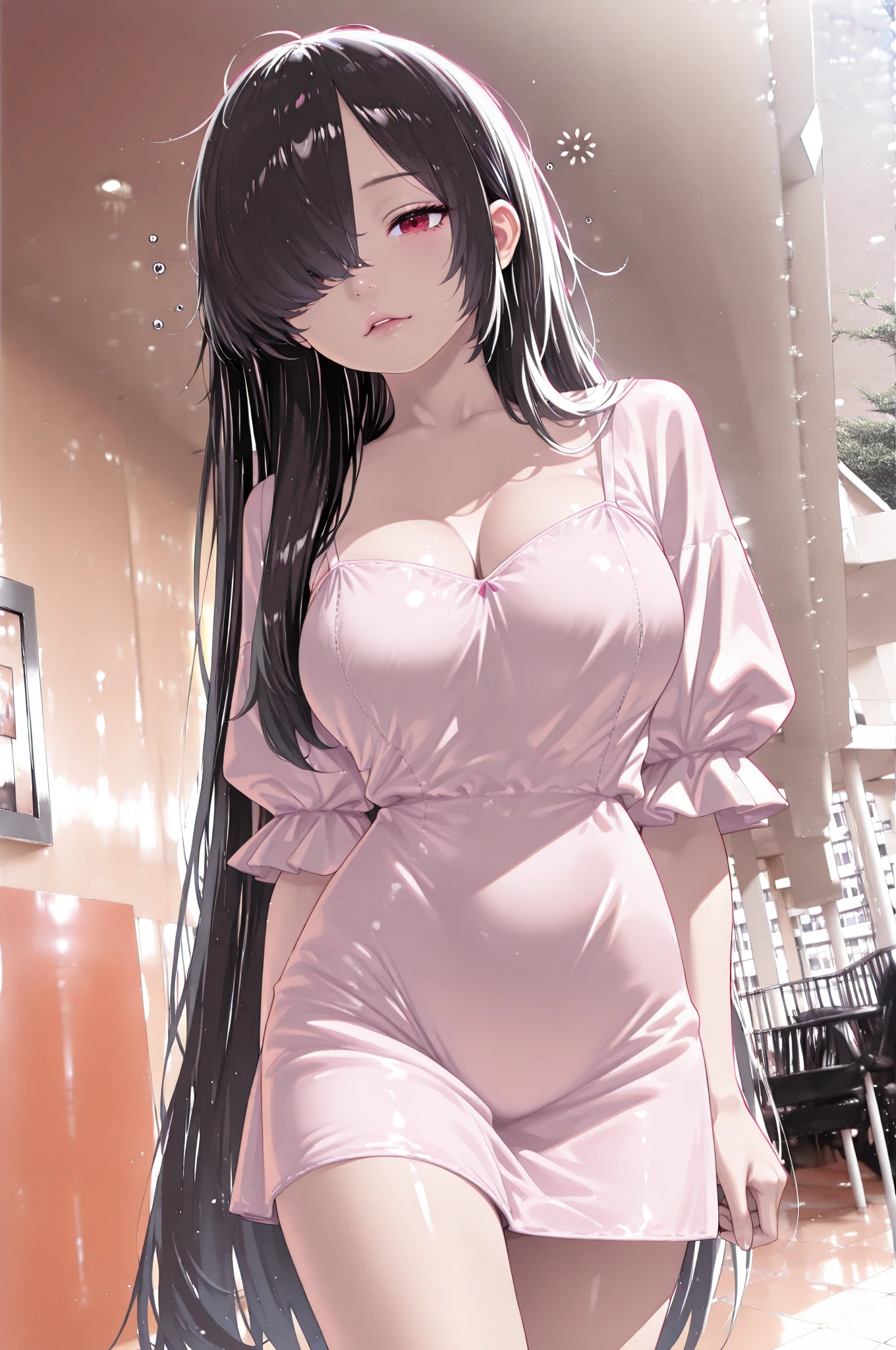 girl with e cup  and thick thighs with tight skimpy dress with black hair and red eyes