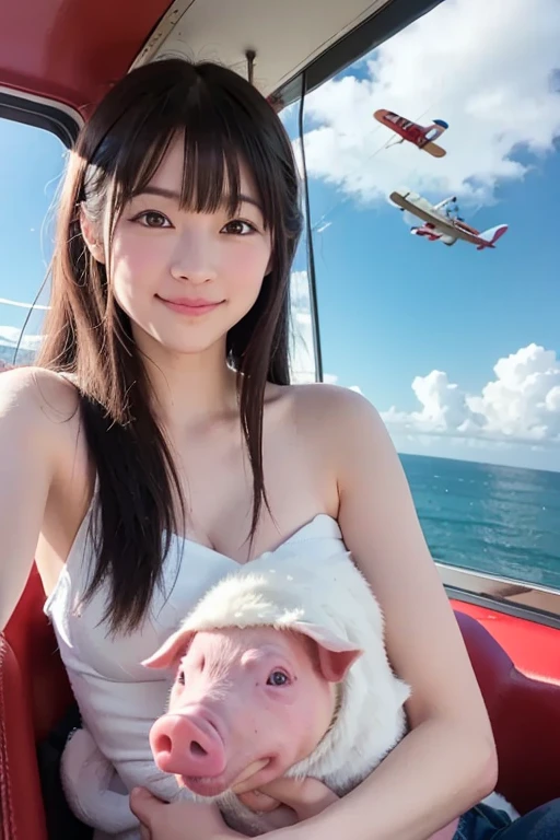 pig-faced pilot is on a red biplane, flying through clouds above Adrian sea.