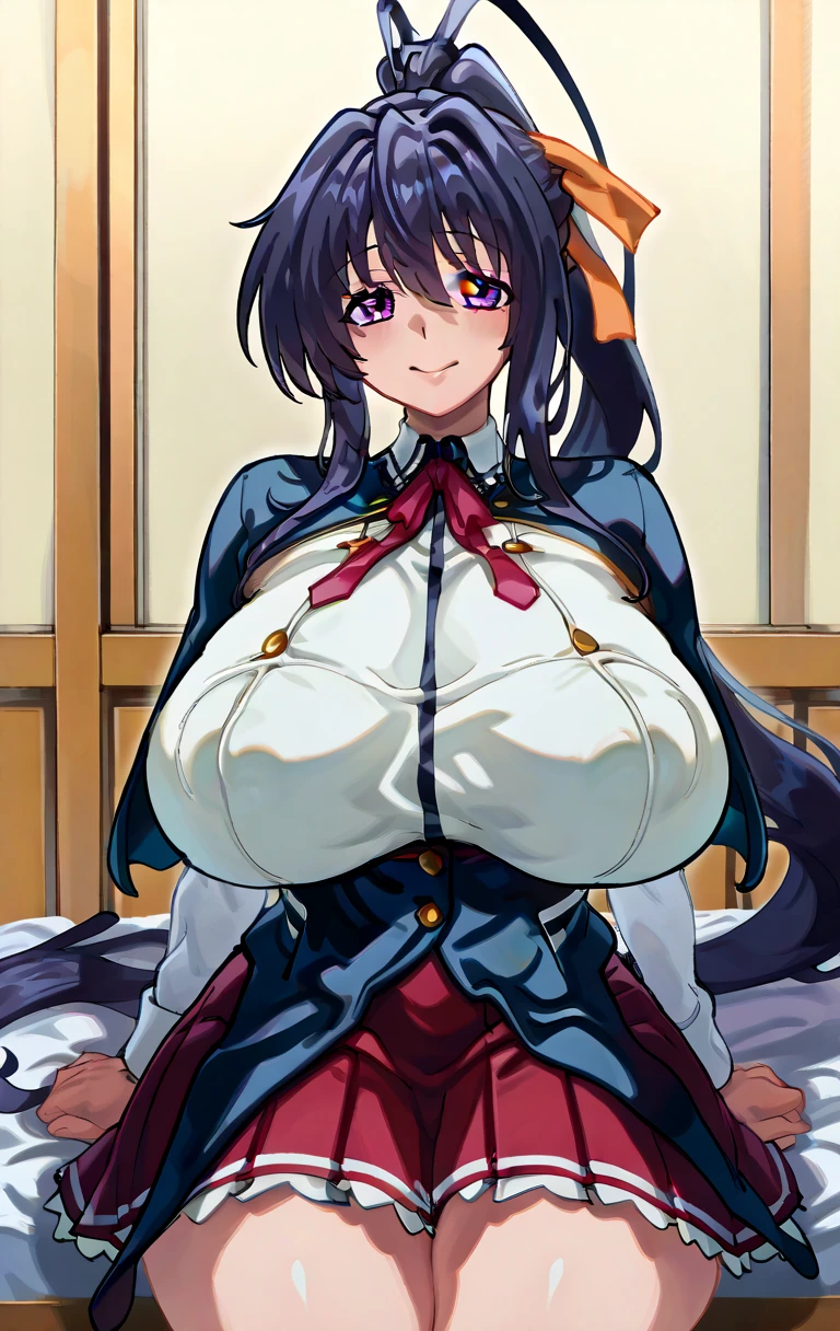 raiden shogun, 1girl, long hair, breasts, blush, open mouth, bangs, large breasts, hair ornament, thighhighs, 1boy, purple eyes, purple hair, hetero, heart, thighs, lying, censored, mole, mosaic censoring, symbol-shaped pupils, mole under eye, detached collar, heart-shaped pupils, erection, lactation