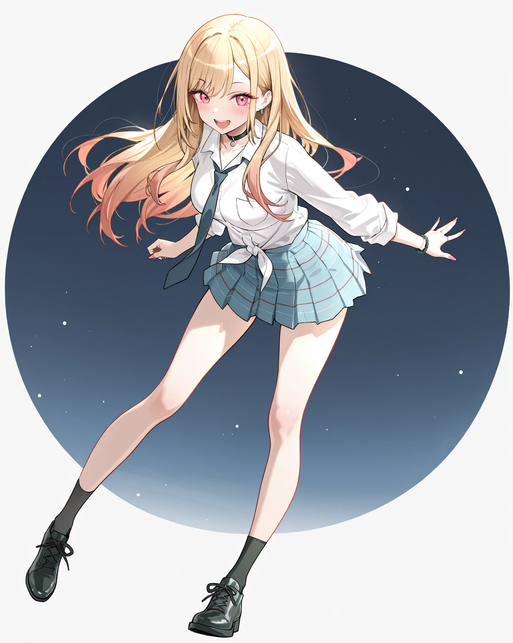 (realistic, photo realistic:1.2), ((highest quality)), move the center of gravity backwards, pretty embarrassing, full body, Slender, Very cute, Standing Split, Standing on one leg, 1Girl, Long Hair, Blonde hair, Yellow ribbon, White shirt, White panties, Blue tie, Blue Skirt, Black knee-high socks, (Thin thighs: 1.1), wind
