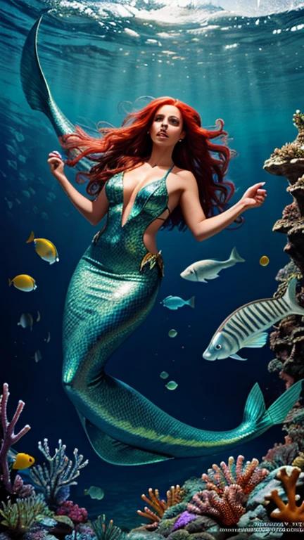 John William Waterhouse, The mermaid (1901)(professional 3d render:1.3) ((Mermaid swims all over)) (Realistic:1.3) most beautiful artwork photo in the world,(((Red hair))), (( green eyes)), red hair, Caucasians, ((long mermaid tail)), (((Detailed mermaid fins))), full bodyesbian, sport, Features: Soft and shiny, ((Epic mermaid fantasy long hair in dynamic pose,Full tail, Fantastic location, Majestic cluttered environment)), full body 8k unity render, action shot, skin pore, heavyshading, Detailed, Detailed face, (vibrant, photograph realistic, Realistic, Dramatic, Dark, Sharp focus, 8K), (fish scales:1.4), ((((Mermaid tail)))), (Intricate:1.4), decadent, (Highly detailed:1.4), Digital painting, rendering by octane, art stations, concept-art, smooth, Sharp focus, illustration, Art germ, (loish:0.23), (Global illumination, Studio light, volumettic light), Underwater, Ocean, lotr, fantasy, mermaid, ((Sea backgroun:1.3)),CGSesociety,art stations
