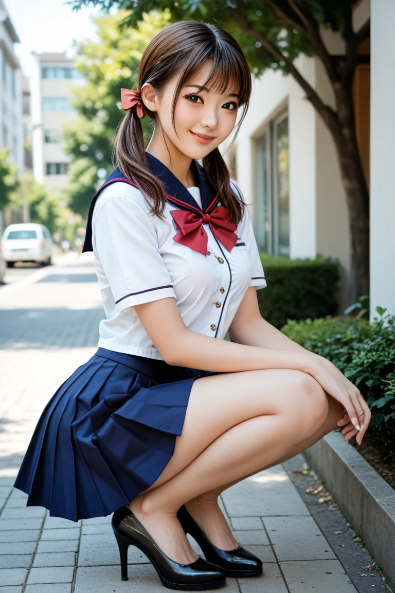 ((Best Quality, ​master piece, Ultra High Resolution, (Photorealistic:1.4), Raw photo)),  full body Esbian, 1girl in, famous idol with Japan, 17 age, Athletics uniforms,Plumer、 Looking at Viewer, Childish cute underwear, Very cute face,  eyes gentle、Very beautiful black hair, Detailed face, Detailed eyes, detailed hairs, A girl with a neat and pure image,　a smile、