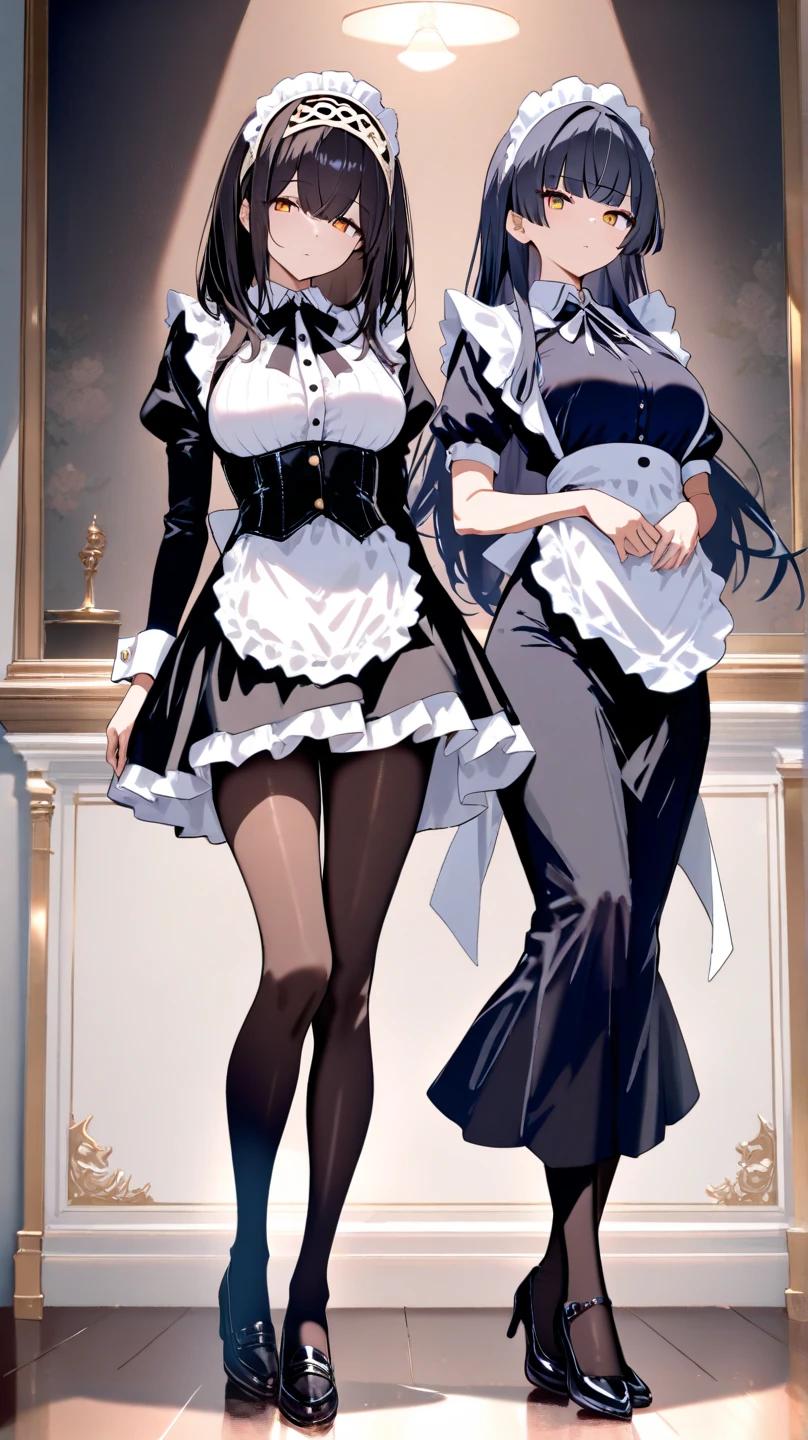 (isade),(Posing standing and with the body facing Fourth wall:1.5),+,(1 girl),(Mature body woman), (pretty: 1.5), (super hot: 1.5), (dark skin: 2.0), (long dark purple hair and dark purple eyes), (And super gigantic breasts: 1.5), (Height 1.20), (beautiful young woman), (super beautiful 18 year old ),(Slender body),(slim body),(slim body),(thin waist with hot hips),(large breasts and ass),(young mature and sexual woman's body),(Wearing),+,(Imagine a classic black and white maid dress, but with a very naughty twist – an incredibly short skirt that reveals almost everything. Imagine a black knee-length or longer bodice with puffed sleeves, a Peter Pan collar, and a small apron attached. This would be worn over a crisp white petticoat or slip that extends below the bodice. Now for the real showstopper: the skirt. Imagine a wide, gathered skirt that clings to the bodice at the waist. But here's the shocking part - the skirt must be incredibly short, barely covering the maid's private areas. We're talking about a micro-miniskirt effect, with the hem potentially even above the pubic bone. This would leave the maid's lower half surprisingly exposed, with just a hint of the white petticoat showing beneath her skirt. For a finishing touch, add a pair of white tights or sheer tights, along with black patent leather shoes or Mary Janes. This would accentuate the maid's legs and create a cute, feminine contrast to the outrageously short skirt.)