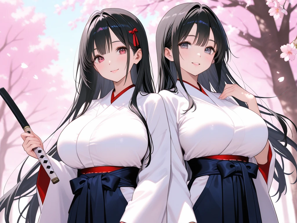 best quality, character design sheet, adult woman、No hat on, Black and pink hair, whole body, Head to Toe, Fortune teller、Standing facing forward, Beautiful black dress, long Black Hair, Pure white background, from front, best quality, Cherry blossom pattern、Japanese、Adult Japanese、Clear eyes、Standing facing forward、The face is facing forward、holding a magic card in hand、White background、Smiling face、Black western dress、Neutral face、Black hair with pink inner color、Wearing a Japanese kimono