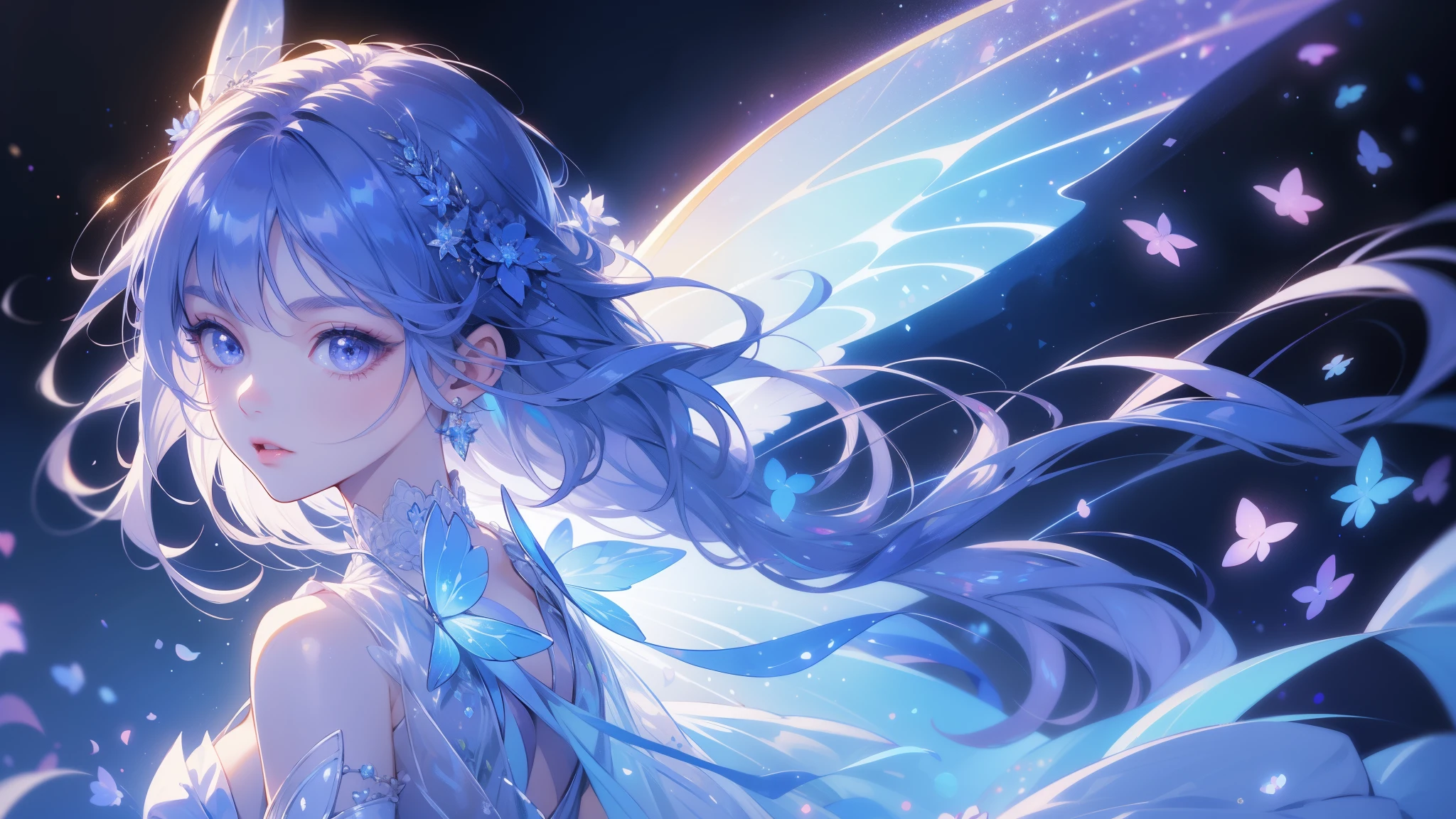 1 girl on break day,((( Highest Quality 、greatest masterpiece 、 high resolution、 very well detailed )))、Cute star fairy、 long hair、Shiny light blue hair color、 A beautiful anime style fairy girl、It has twinkling, fairy-like wings、wearing a dress with sparkling frills、Her wings emit blue and purple neon lights、Her wings emit blue and purple neon lights、Soft flowing hair Delicate hair Comes with accessories、The background is amazing sparkling night sky、The dress has elaborate floral embellishments、超high resolution、Realistic and vivid lighting、perfect for fantasy art styles,She looks from head to foot、anatomically accurate hands、16K Ultra HD 、dynamic angle