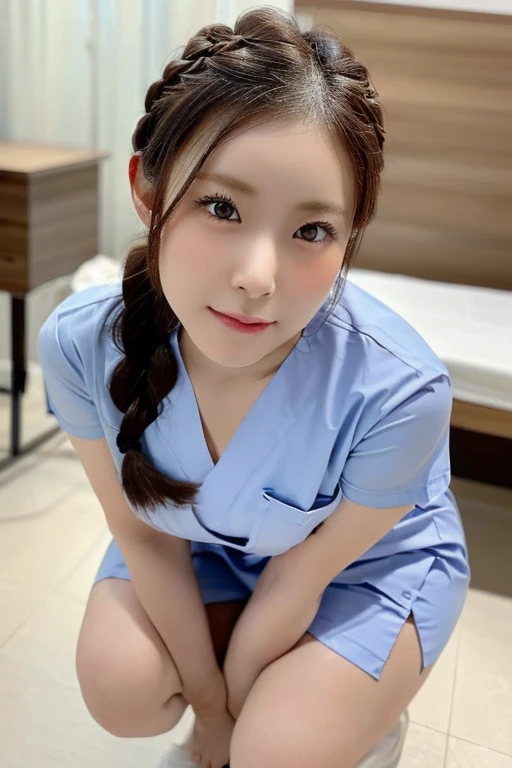 of the highest quality, 8K, 32K, masutepiece, nffsw: 1.2), Photo of Pretty Japanese woman, (Details: 1.1), permanent hospital, Nurse, Big, White shirt, ((viewer: 1.1)), ((Long flared skirt)), (Spread your legs), (Lift your own skirt), ((Showing panties (Showing panties)), (Ruffled panties), Smile, pantyshot, ((Wearing pure white nurse clothes)))), ((((White nurse uniform))), bed, One Piece Suit, stethoscope, nameplate, gros-plan, half updo, Squatting、appearance々Hairstyle