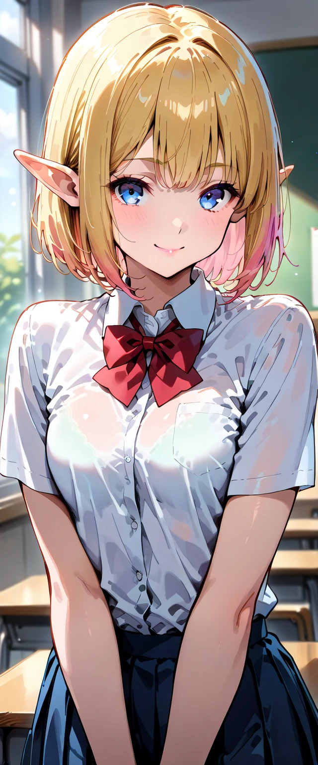 masterpiece, Highest quality, High resolution,(throw_hand grabbing chest),,One girl, One boy,Age difference,bow tie,Blonde,chest,Long Hair,Pink Hair,pleated skirt,Tucked in shirt,short hair,skirt,smile,Tent shirt,amusement_garden