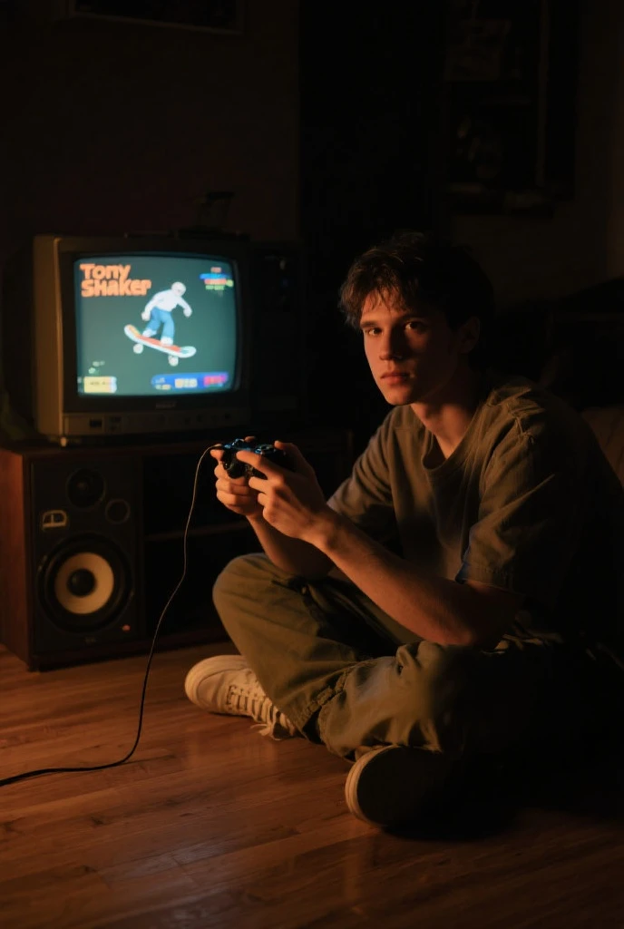 age european boy with blonde hair, playing videogames, in his dark room, lit with blue and red LED lights, looking this way, hyperrealistic, bright and vibrant colors, limited colors, nice lighting, high resolution, best quality, ultra detailed, dynamic angle, intricate details