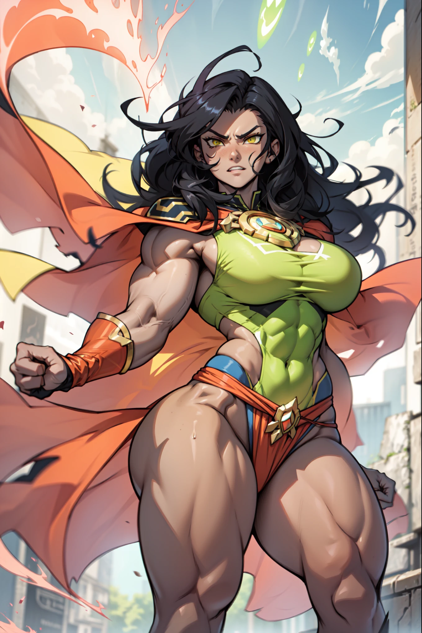 (masterpiece, top quality, best quality, official art, beautiful and aesthetic), dark mysterious lighting, shadows, dutch angle, (full body:0.9), close up, (1girl), solo woman, ((((Massive Female Bodybuilder:1.5)))), ((((gigantic breasts, cleavage)))), slim waist, (((wide hips))), (long legs), ((NSFW)), long wavy black hair, topknot, dark red skin, portrait, looking at viewer, solo, mischievous eyes, (hot summer desert Arabia theme), Persian djinn woman, dark makeup, smirk, walking in desert, revealing black and gold Arabian attire, open vest, jewelry, armlets, elaborate necklaces, blue fabric, gold jewelry, precious stones,