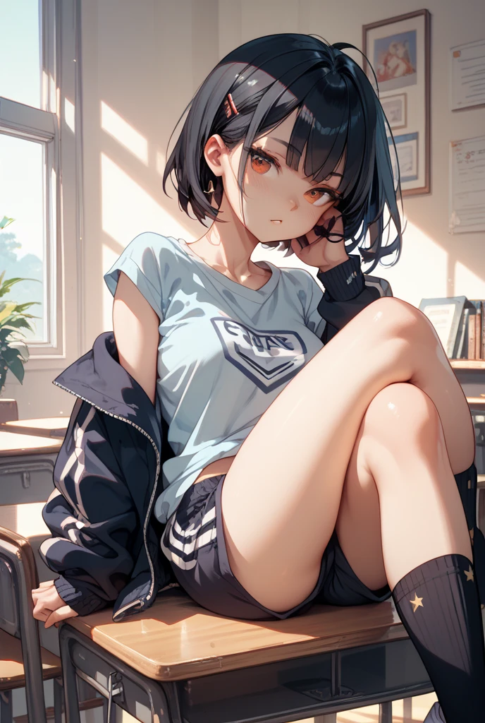 Cute high school girl, many scars and bruises, slender body, sitting in waiting room crying, hands covering face, very sweaty, short black hair, poor body, small breasts, sports bra, high leg shorts, open finger gloves