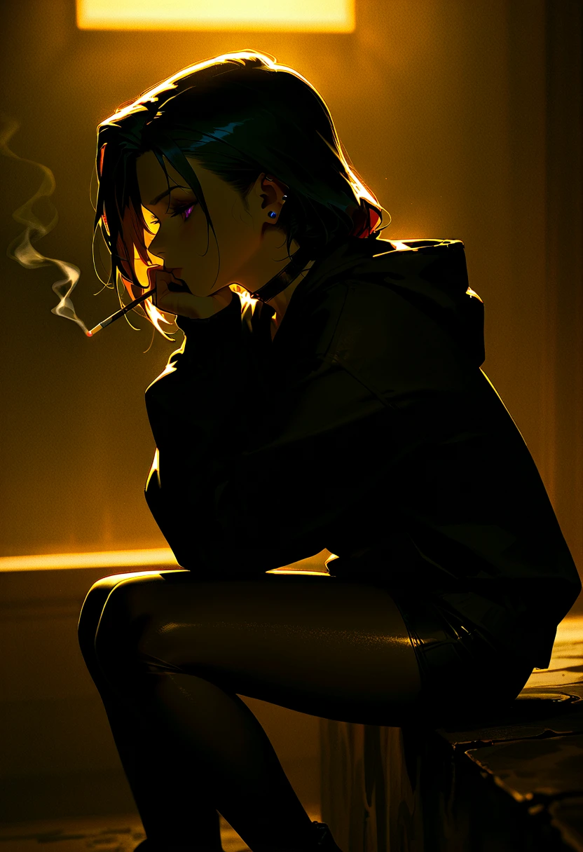 horror elements, girl smoking a cigarette, hoodie, panties (best quality, highres), dark atmosphere, eerie lighting, mysterious shadows, atmospheric fog, abandoned setting, intense emotions, disturbing details, haunting expression