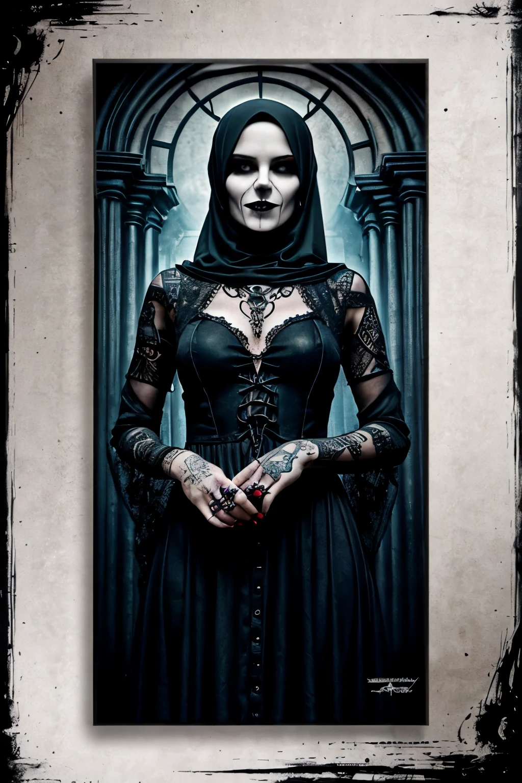 Draw a black skinny girl, wearing hijab with evil smile, gothic style and gothic accessories, with a dark tattoo on face and hands,scary movie poster with long nails and wearing a long red dress