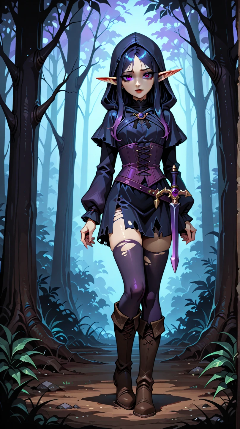 (Best Quality, (High resolution:1.2), Ultra-detailed, Realistic portrait, female necromancer, long black cloak, beautiful face, dark background, cemetery, depth of field, short black and purple hair, night time, (full body), mini skirt, black stockings, lace lingerie, perfect long legs, ankle boots