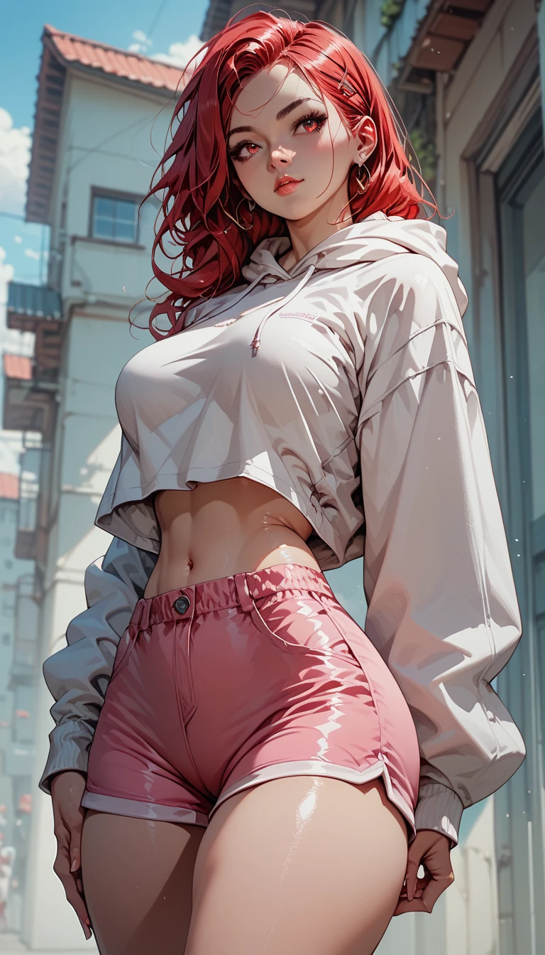 {Red-haired woman, slim big ass, muscular thighs, slim waist, perfect body, she is in an alley Against a wall, Brick wall, Dim lighting, alley}, (long red hair), (detailed eyes), (clear eyes shiny), (feeling sensual, wearing a very short pink plush velvet blouse showing her belly, and black Leather Thermal Flannel Leggings - FashionLeg), ((white Adidas sneakers), (it's raining a lot, rainy weather, cloudy sky raining, she's all wet), full body, front view