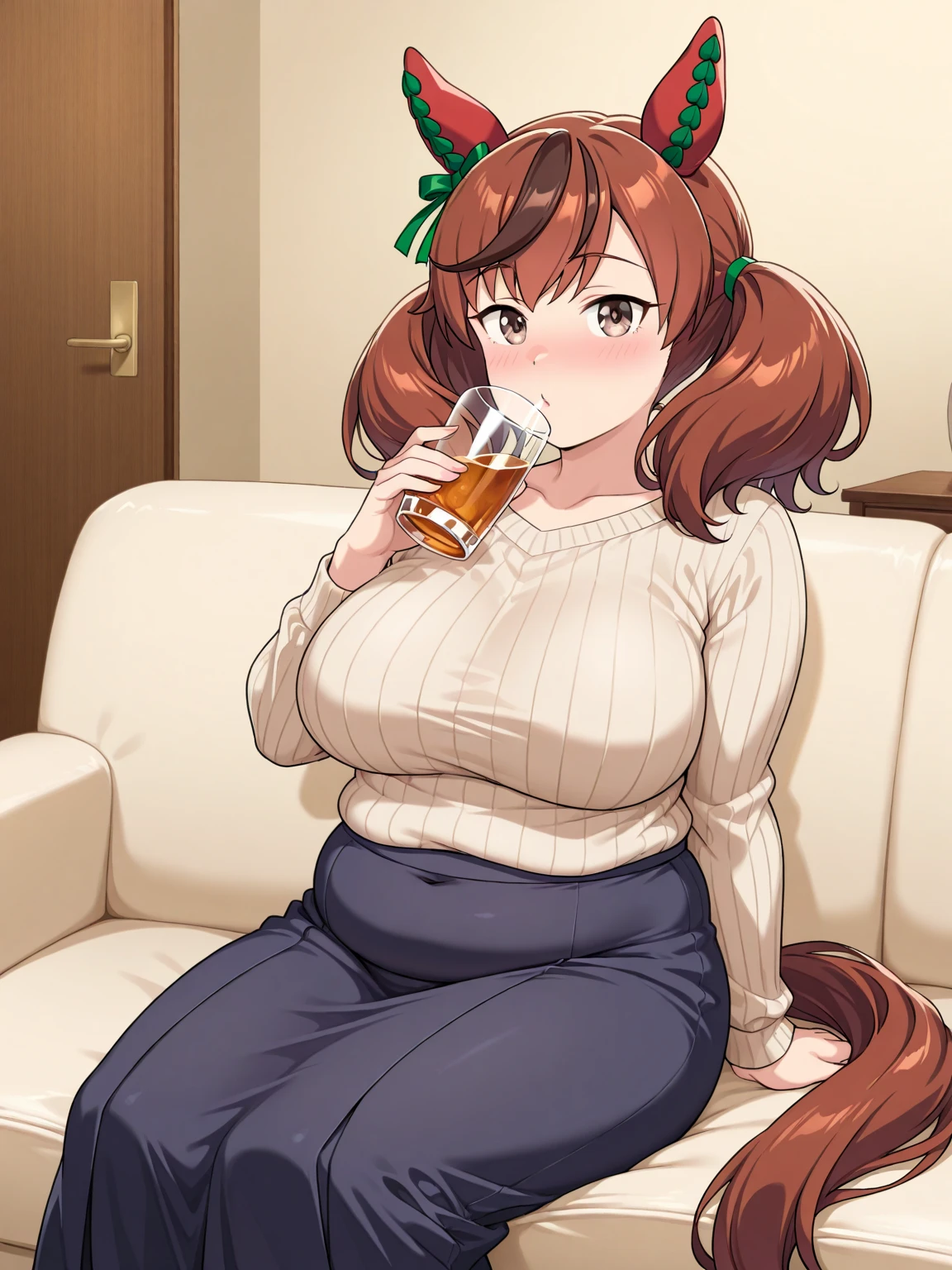 masutepiece, Best Quality, 女の子1人、huge-breasted、bbw、drinking beer、huge smile、Chibi