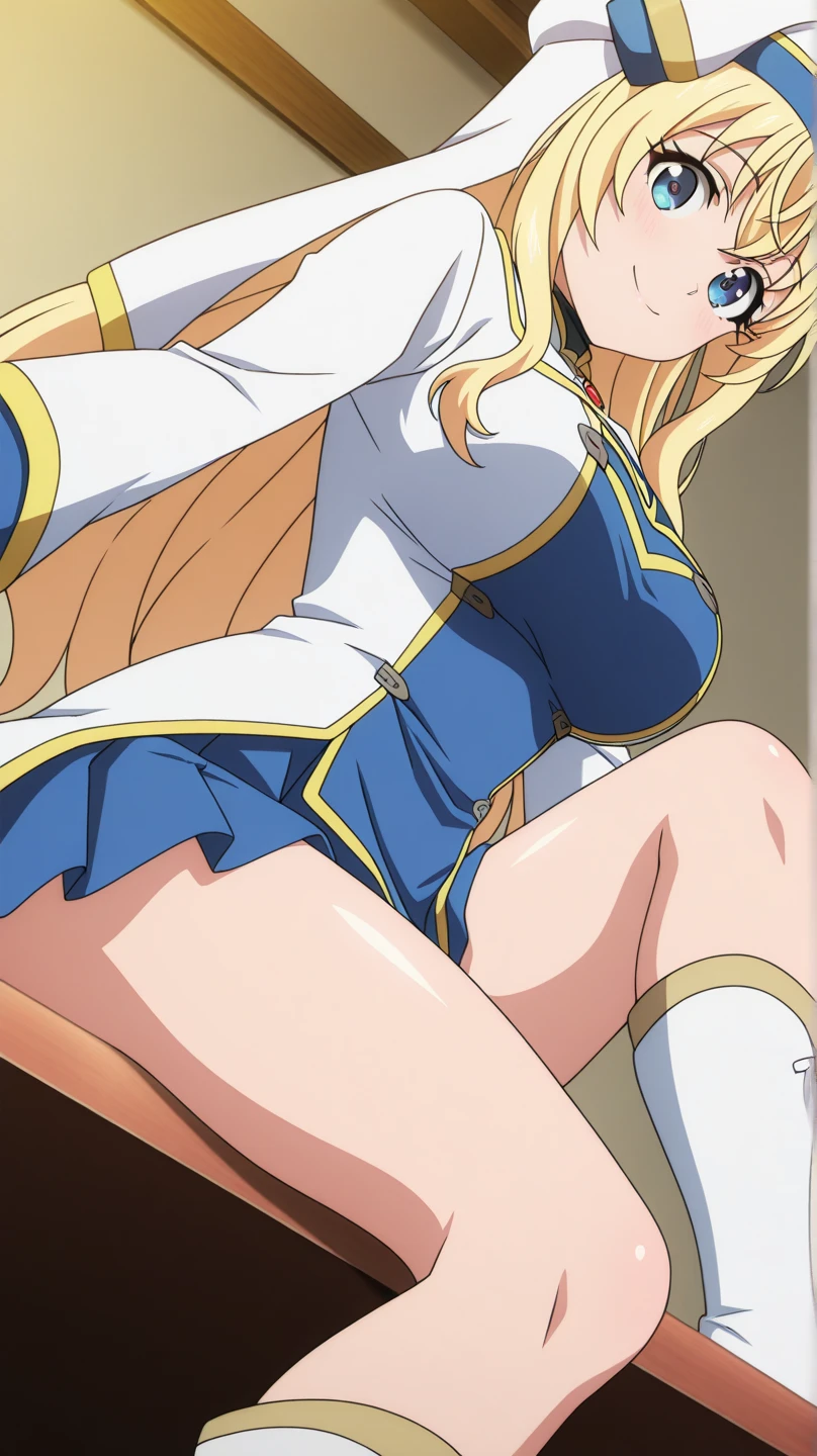 photorealistic, octane render, best quality, sharp focus, 8k, 4k, Masterpiece, realistic skin texture, extremely detailed, intricate, hyper detailed, illustration, soft lighting, high resolution, sharp detail, lucyheartfilia, brown eyes, blonde hair, long hair, one side up, large breasts, white shirt, sleeveless, belt, blue skirt, brown boots, looking at viewer, upskirt panties, sexy panties
