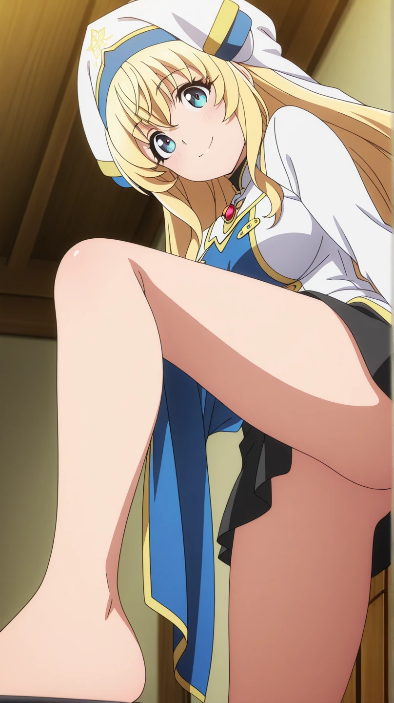 priestess, priestess, blonde hair, blue eyes, long hair, hair between eyes, (small breast:1.2), smile,
BREAK boots, dress, frilled sleeves, frills, hat, white headwear, pelvic curtain, high heels, robe, thigh boots, thighhighs, white thighhighs, long sleeves, puffy sleeves,
BREAK looking at viewer,
BREAK indoors, church,
BREAK (masterpiece:1.2), best quality, high resolution, unity 8k wallpaper, (illustration:0.8), (beautiful detailed eyes:1.6), extremely detailed face, perfect lighting, extremely detailed CG, (perfect hands, perfect anatomy),(white panties:1.5), small breasts, (sitting on floor), skirt lift, smile, leg up, spread legs, (short, tiny, little:1.5), open mouth, from below
