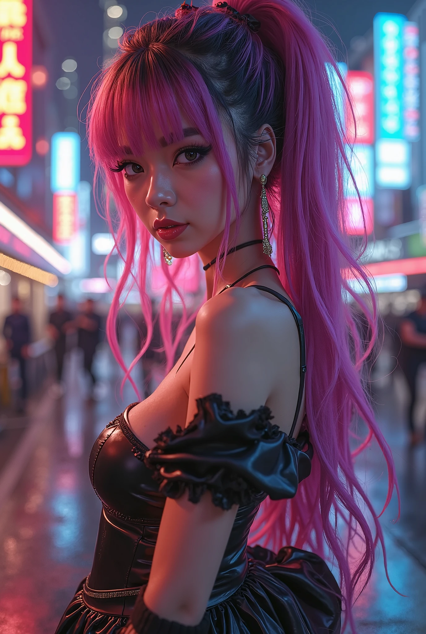 cheerful face, original pink long hair, long eyelashes, beautiful eyes with brightness, surrealism, shadow, stereogram, (photorealistic, realistic: 1.2), POV, atmospheric perspective, cinematic lighting, ray tracing, 8k, super detail, best quality, masterpiece, well detailed, (Canan EOS R6, 135mm, 1/1250s, f/2.8, ISO 400:0.9), cyberpunk, neon, neon signs, ramen shops, night, cleavage, from the back, string, tank top