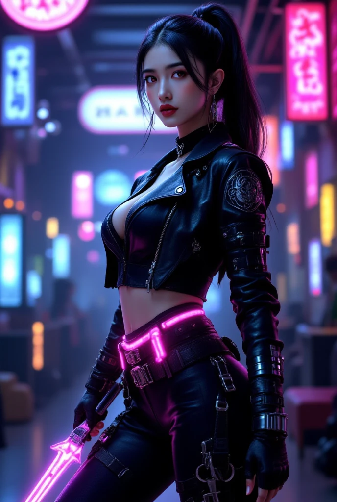 8k, Realistic Skin Texture, Realistic Photo, Neo Tokyo, slim women, large-breast:1.4 cleavage:1.3, AD2050 at night, Dirty hunting jacket, Wearing tube top, miniskirt, (((black sunglasses, automatic rifle, sneakers, cold, shooting pose, very low angle view))), Innovative composition, revenge, cyberpunk, blade runner worldview, Large neon sign, Geisha hologram sign, Strong Wakamoto Sign.