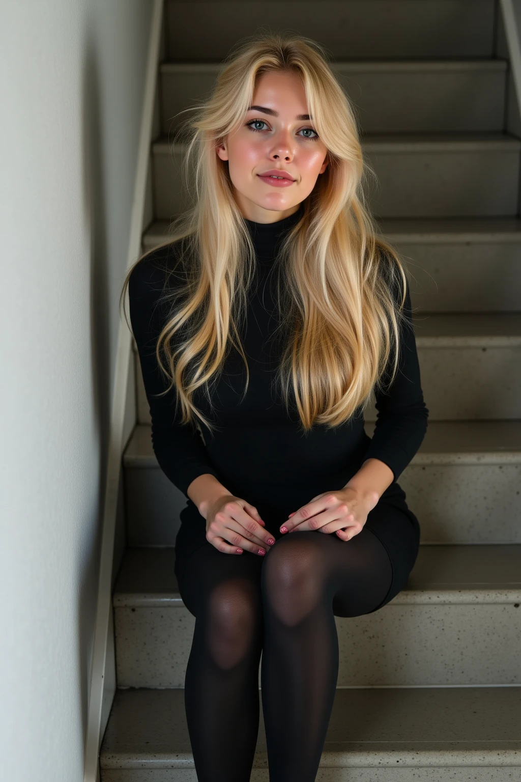  amateur photography of a blond haired woman woman with long hair wearing a black tube dress with platform heels. Sitting on stairs with her legs crossed, at building stairway. (smile:0.4), f8.0, noise, jpeg artefacts, poor lighting, high contrast. photo, realistic