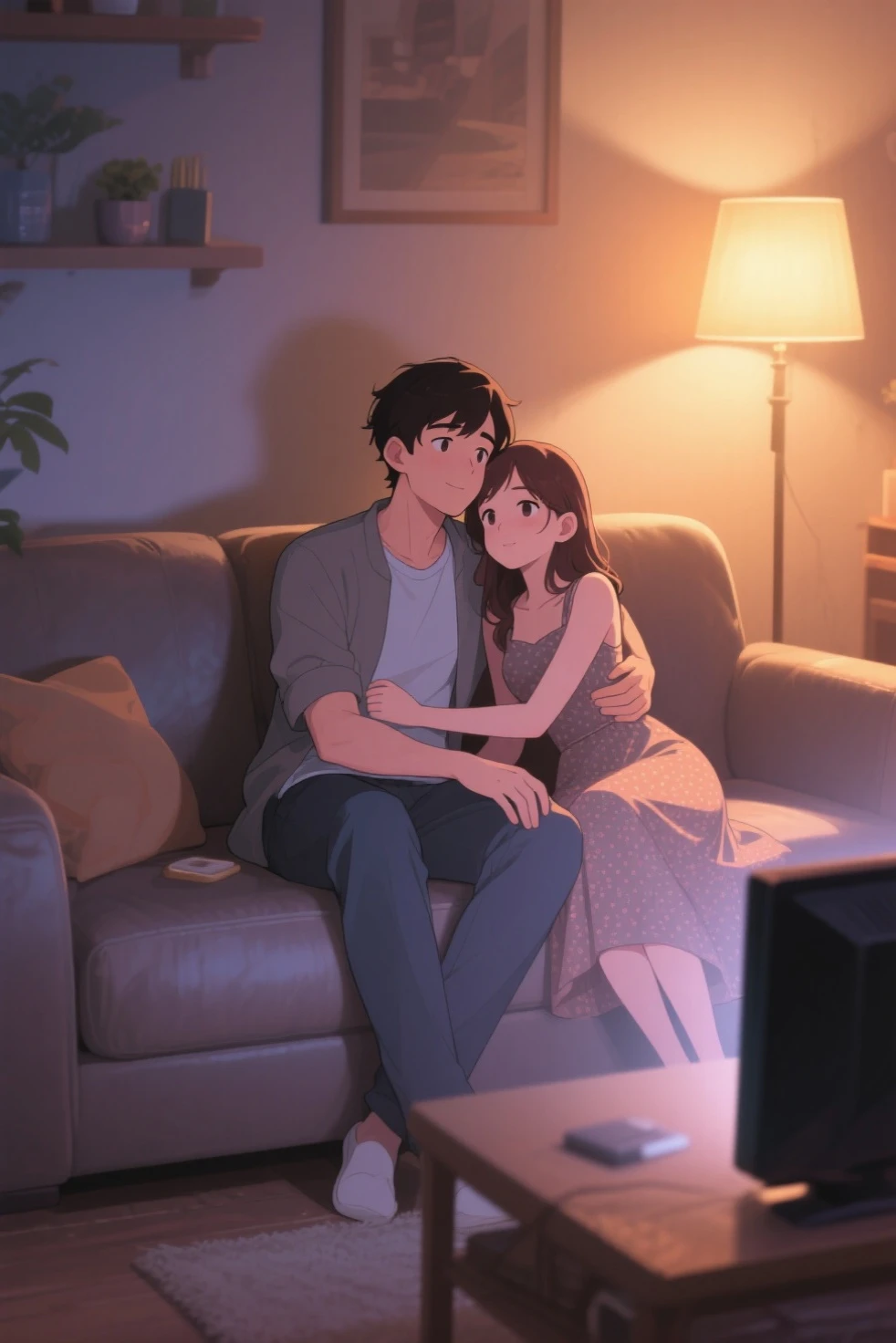 man and woman, masterpiece, best quality, 8k resolution, sitting on expensive sofa, stock image, sofa, promotional art, living room, relaxing on sofa, advertising photo, sitting on sofa, couple on bed, portrait shot, sitting on sofa, Pixabay, istock, hug, deep kiss, relax on modern sofa, 8k, ultra-hd, super resolution, Makoto Shinkai, Kimi no Wa, Child of Tenki, Koto King