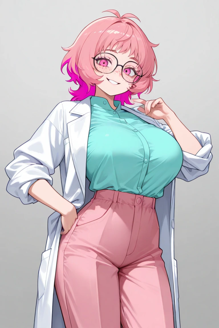 Score_9, Score_8_up, Score_7_up, Score_6_up, MILF, anime_source(boku_no_heo), 1 girl, hands on hips, wide hips, curves, ashido_mina, pink skin, black sclera, colored sclera, breasts, solo, yellow eyes, cleavage, pink hair , horns, colored skin, smile, shorts, blush, short hair, looking at viewer, collarbone, white shorts, eyelashes, coat, long sleeves, pink shirt, shirt, white coat, {{Ultra-giant breasts}}, blue background, mouth closed, bangs, open coat, cowboy shot, bright, white jacket, lips, open clothing