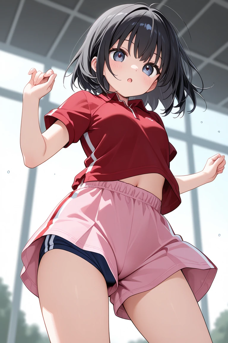 At the gym、exercise、Fitness、spats、training、Showing panties、Girl、Girl、Short、Younger、Lower school year、Baby Face、Both eyes open、flat chest、Glaring、Dynamic Angle、Sweat、sports、Equipment、Wearing clothes、Dynamic Pose、There are a few people behind、masterpiece、best quality、ultra-detail