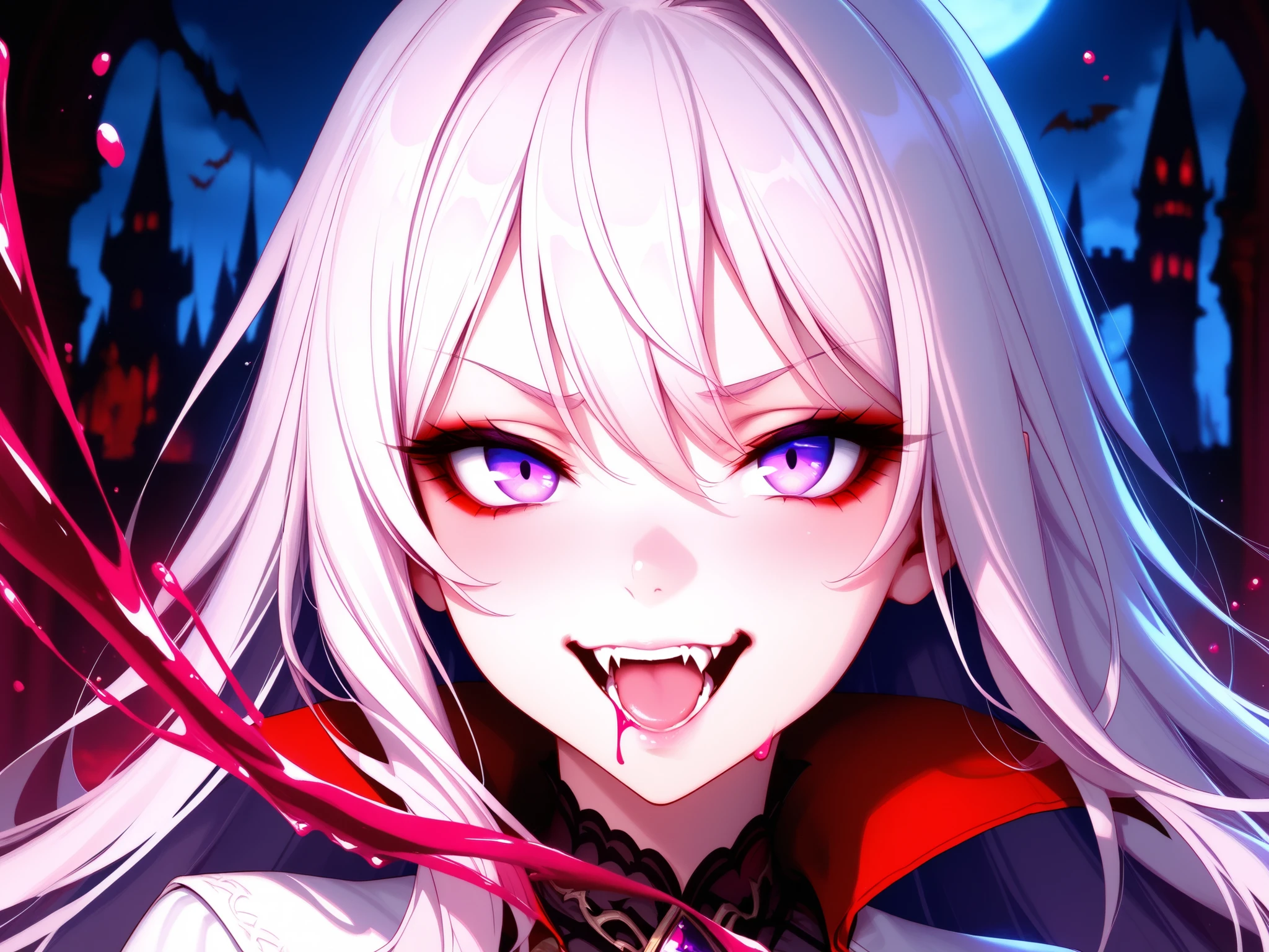 Close up of a beautiful pale girl, violet eyes, vampire fangs dripping red liquid, evil look, best quality, 8k, extremely detailed, anime style, spooky castle background,
