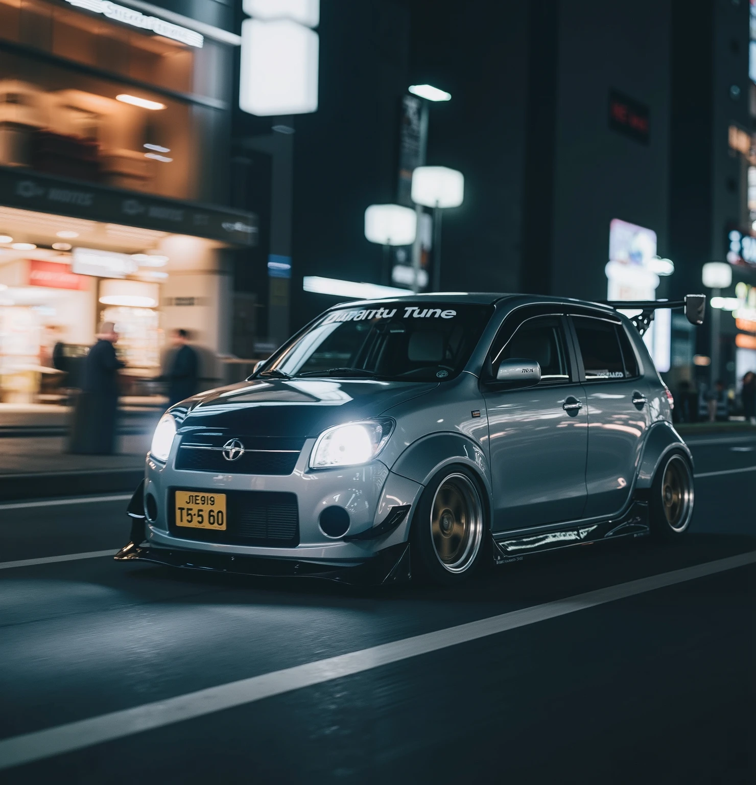 Daihatsu_Tune Mira,Daihatsu_Mira, which depicts an anime woman, is compatible with wide bodies and offset wheels,_of,masterpiece,Ultra fine expression,夜ofダウンタウンを疾走,