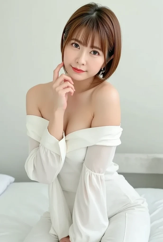 Highest quality, (beautiful)、A flashy mini dress with shoulder straps、Larger breasts、Brown Hair、looking at the camera、Close-up、pub、necklace、Earrings、night、smile、White garter belt、Sit on the sofa、White Stockings、Leaning forward、slouch、Shoot from below