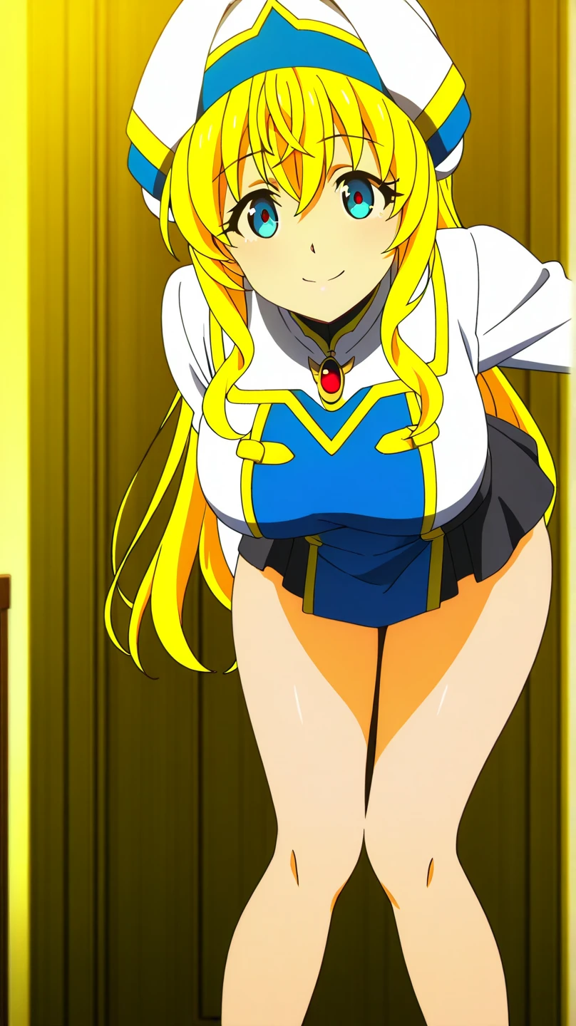 NSFW,1girl in,standing,(Portrait),face Focus/close up,classroom,Looking at Viewer,sernia_iori_flameheart,(blonde hair,drill hair,twin drill,large dorill,hair ribbon, long hair,),blue eyes,large breasts, School uniform,(red school uniform),Long sleeves,((Long skirt)),solo,Best Quality,anime screen cap,Flat color,cel shading,perfect lighing,classroom,perfect anatomy, (skirt lift:1.5), ((skirt grab)),((lite white lace panties)), smile, (full-face blush), embarrassed, cowboy shot, extremely detailed hands, Panty shots, Lift up skirt, put both hands before a stomach,