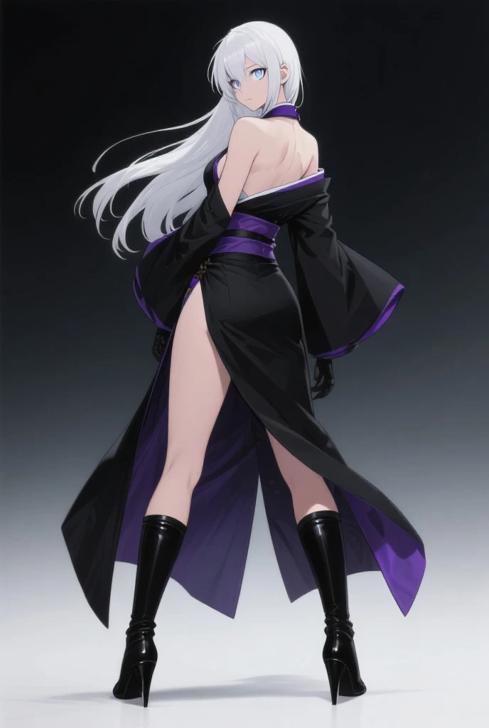 (masterpiece, best quality, aesthetic)1.2, 1girl, Arknights, Yelan, symmetrical face, thigh highs, highly detailed face, two-tone purple and black hair, purple eyes, knee boots, female focus, (black turtleneck, tight, black choker, gothic)1.4, arms behind back, black shorts, standing, black lips, large breasts, medium hair
