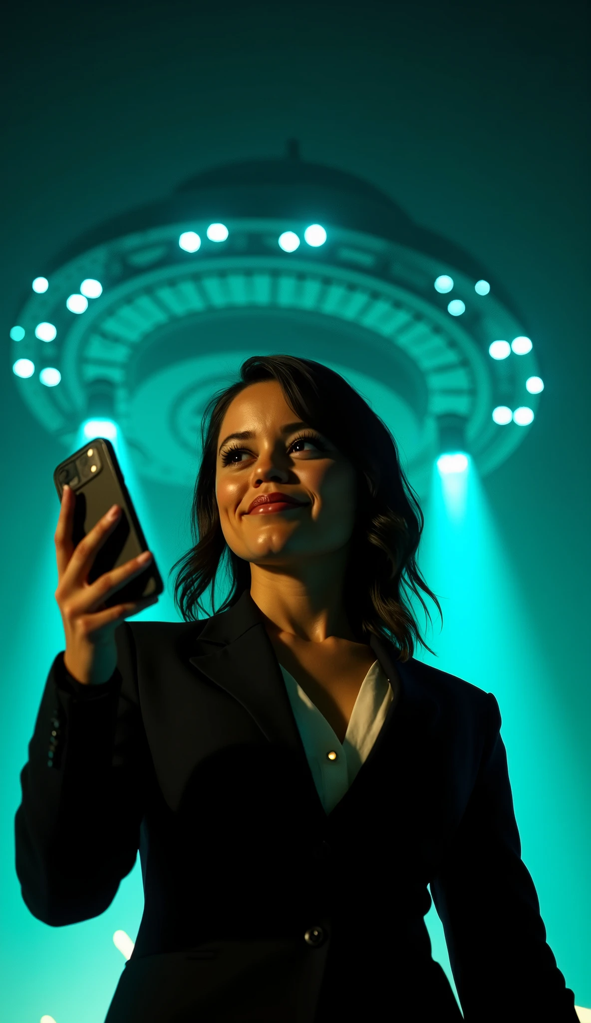 (low-angle perspective:1.6), (medium-shot:1.8), fearless FBI agent in black suit (voluptuous cleavage, white V-neck blouse), official FBI logo patch on the left , gripping an iPhone 15 Pro Max and tactical flashlight, the flashlight is on,intense eye contact with viewer, smile, above her is the (INDEPENDENCE DAY MOTHERSHIP:1 . 8): colossal saucer-shaped alien warship (city-sized , black armored hull with glowing blue hexagonal patterns , massive energy cannon underneath) , turquoise annihilation beam vaporizing buildings and illuminating the model  (dramatic backlighting , silhouette effect) , falling debris , ash clouds , fiery explosions , hyper-detailed textures (8K) , cinematic sci-fi realism , the Bellagio’s fountains reduced to smoldering craters, the Luxor’s pyramid shattered into jagged ruins, the replica Eiffel Tower collapsed and engulfed in roaring flames, overturned cars exploding, panicked mobs running through debris-filled streets, soldiers’ futile gunfire echoing amidst thick black smoke and piercing sirens, the night sky ablaze with the ship’s eerie glow, captured in a cinematic, hyper-realistic style, 8K resolution, always smiling, eye contact to the viewer, hourglass figure, , (((keep the exact face and hair details of the selected LoRA))), (((keep the typical hairstyle used by the selected LoRA)))