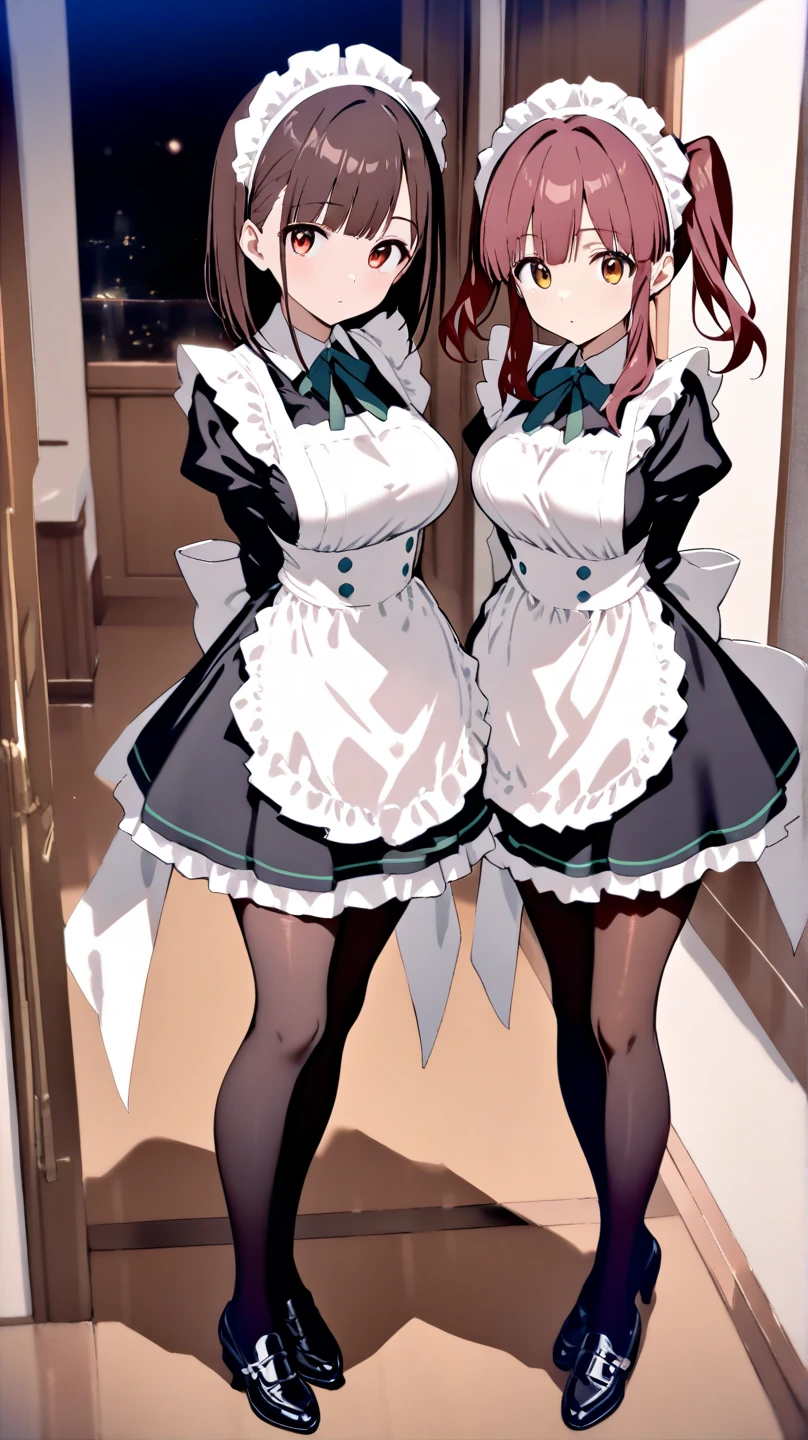 highest quality、masterpiece、((2 girls:1.5))、((smile:1.3))、(blush:1.3)、Black Shirt、blouse、((fun!!))、(Small breasts)、()、Blonde、(Long sleeve)、((White apron:1.5))、((Maid))、((hair ornaments)),、Kamimei、look at me、 ((in house:1.5))、 Taking a break from watching the audience、Cowboy Shot、(Skirt lift:1.3),(Highly detailed pink striped panties:1.3)、(Highly detailed panties:1.3)、、(スカート that rolls up:1.3)、(Panties fully exposed:1.5)、Light blue eyes、long hair、Glowing Eyes
