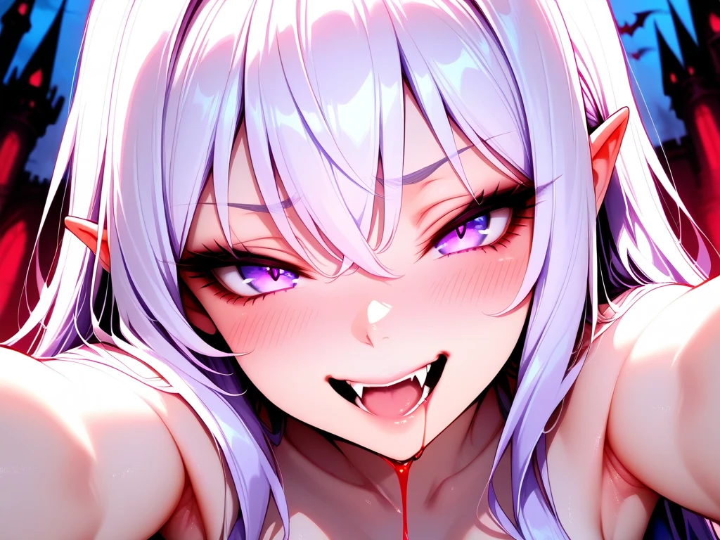Demon Lord, White hair, black red eyes, semi nude, Sex, hypnosis, Orgasm, drool, smiling, cancer