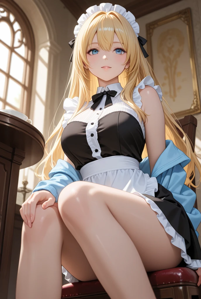 in the style of Artgerm and Adam Hughes, a sexy Alice in Wonderland with blonde hair with a bow in her hair, powder blue dress with white apron, white stockings, cleavage, dynamic, ultra high def, 32k,