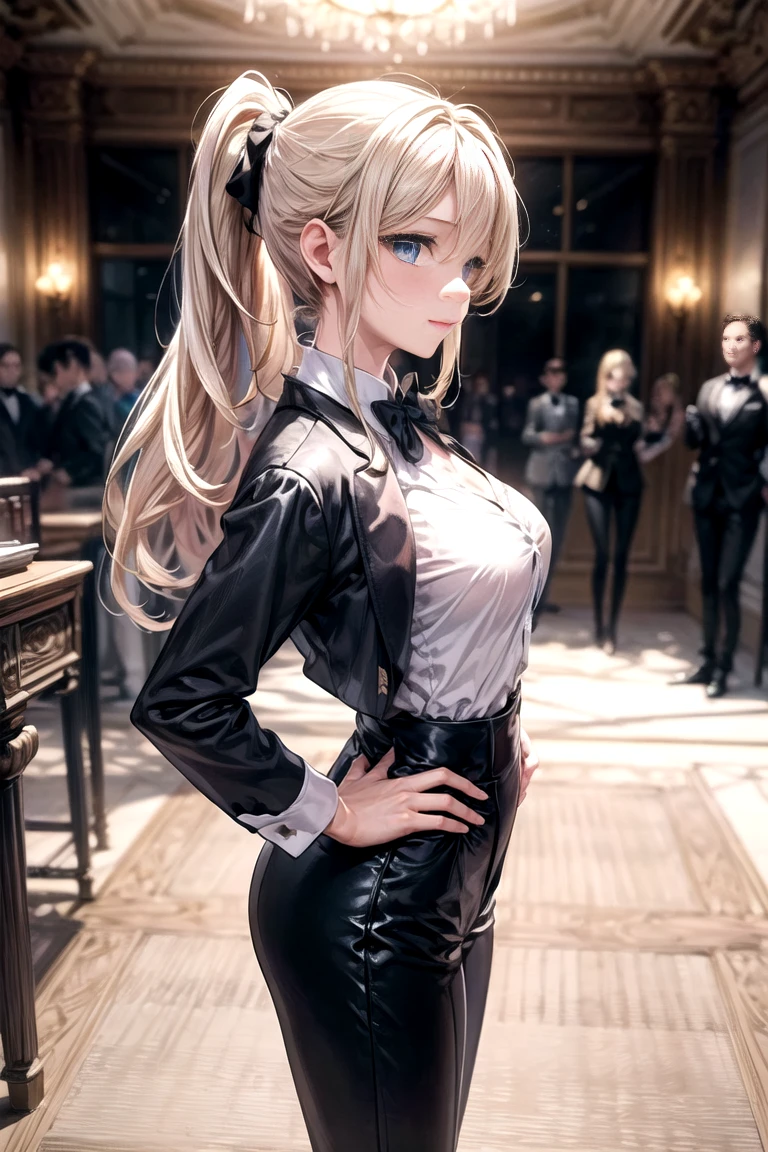 white_A, hAir ribbon, AntennA hAir, strAight long hAir, silver hAir with A slight blue tinge,blAck pAnts suit, blAck women's suit pAnts, blAck suit jAcket, white рубAшкA, trousers, jAcket, рубAшкA, collAr, cleAvAge,