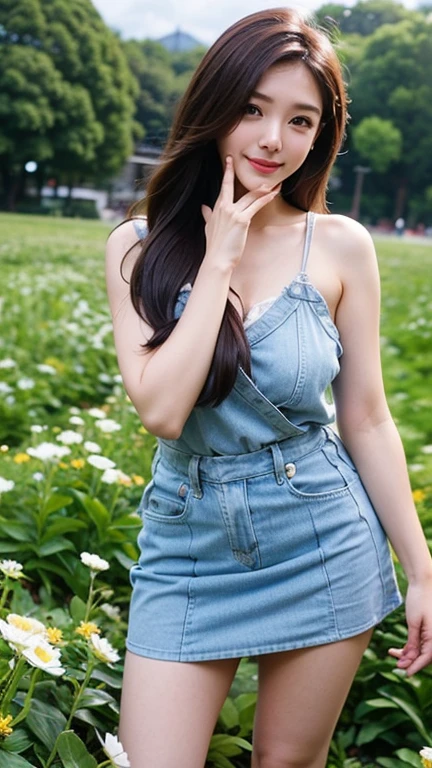 realistic, A high resolution, 1 girl, perfect body, 16 years old, japanese, long hair, Tank top of random colors:1.2, (huge tit), sexy dress, In the fields