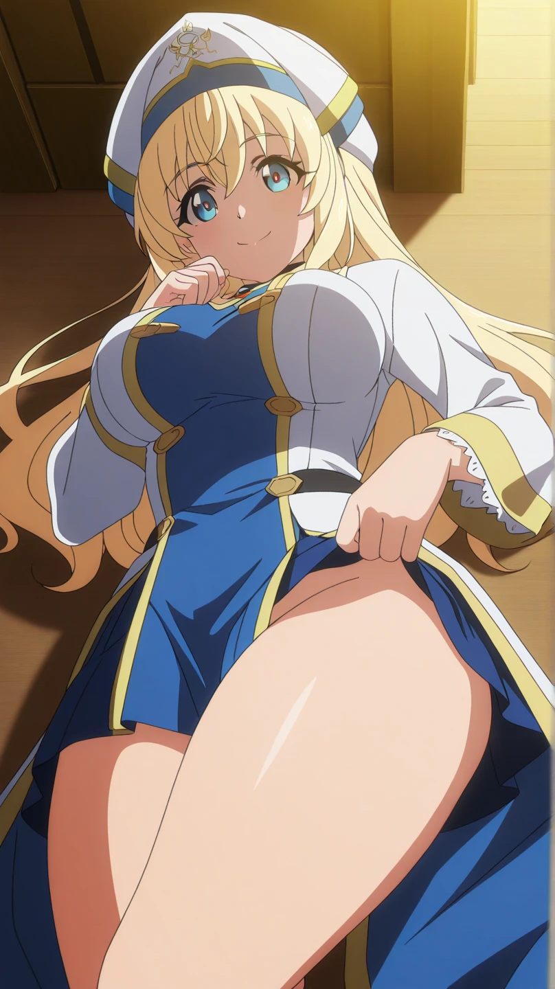 blonde hair,,blue eyes,horse stance,split legs,from bellow,embarrased,blush,cracked smile
