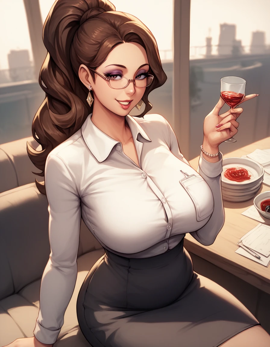 Debbie Grayson, sitting on the couch, sad, office clothes, open legs, unbuttoned shirt, sexy black bra, sexy black panty, black thigh high pantyhose, Drinking wine, in a house, POV: I look at her. from below the knee.