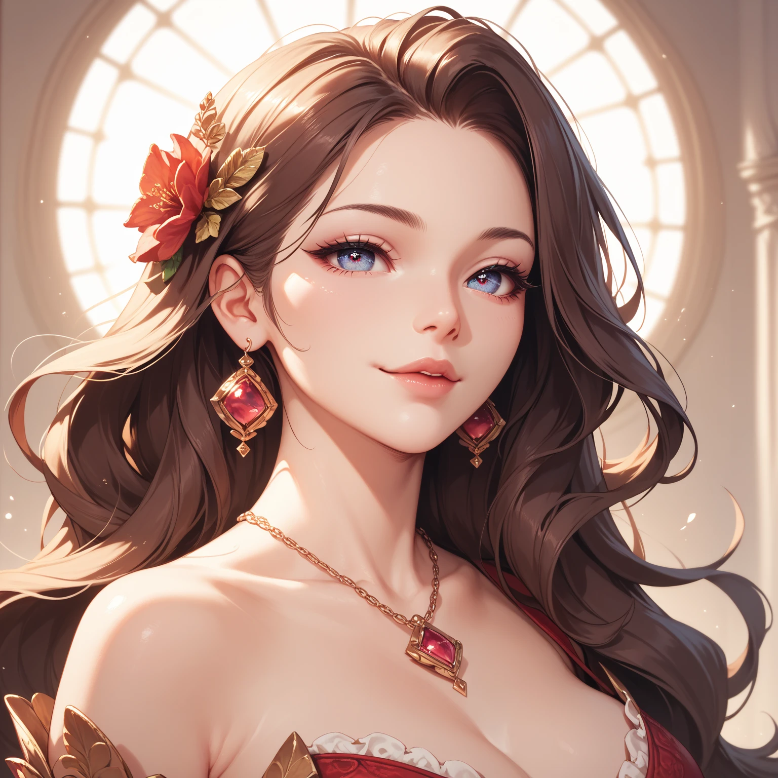 wearing  red bow and a beaded necklace with a big garnet gem attached to it. SPARKLE; GLITTER