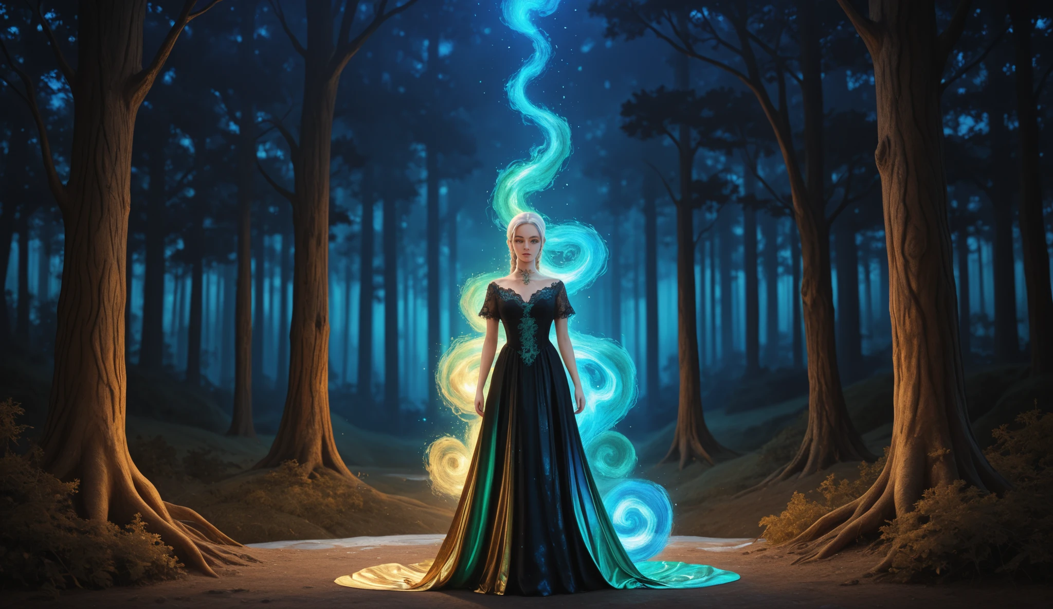 A whimsical, delicate woman with messy white hair, adorned with a loose, tousled braid and soft bangs, wearing intricate gothic clothing rich with lace details. Her attire features a refined palette of deep sapphire blue, emerald green, and subtle gold embroidery, interwoven with hints of midnight violet and charcoal grey lace, creating an elegant yet mystical contrast. She sits gracefully, her gaze subtle and mysterious, discreetly looking into the camera. Beside her, a majestic, large chameleon (or lizard) with vibrant, shifting colors—brilliant blues, forest greens, and warm golds—perches gracefully, blending into her jewel-toned attire yet standing out with mesmerizing textures. The surreal, dreamlike setting is bathed in swirling mist, tinted with soft silver, deep teal, and dusky blue hues, moving gently around them like living brushstrokes. Dramatic lighting casts an ethereal glow, making the intricate lace patterns shimmer with subtle metallic highlights, enhancing the chameleon’s iridescent skin. The entire scene is rendered in superfine pastel ink and expressive, bold brushstrokes, pulsing with vibrant energy. The composition combines the eerie, mystical aura of surrealism with the detailed, lace-like finesse of fantastical illustration, presented through a sophisticated, balanced spectrum of luminous, dreamlike colors.