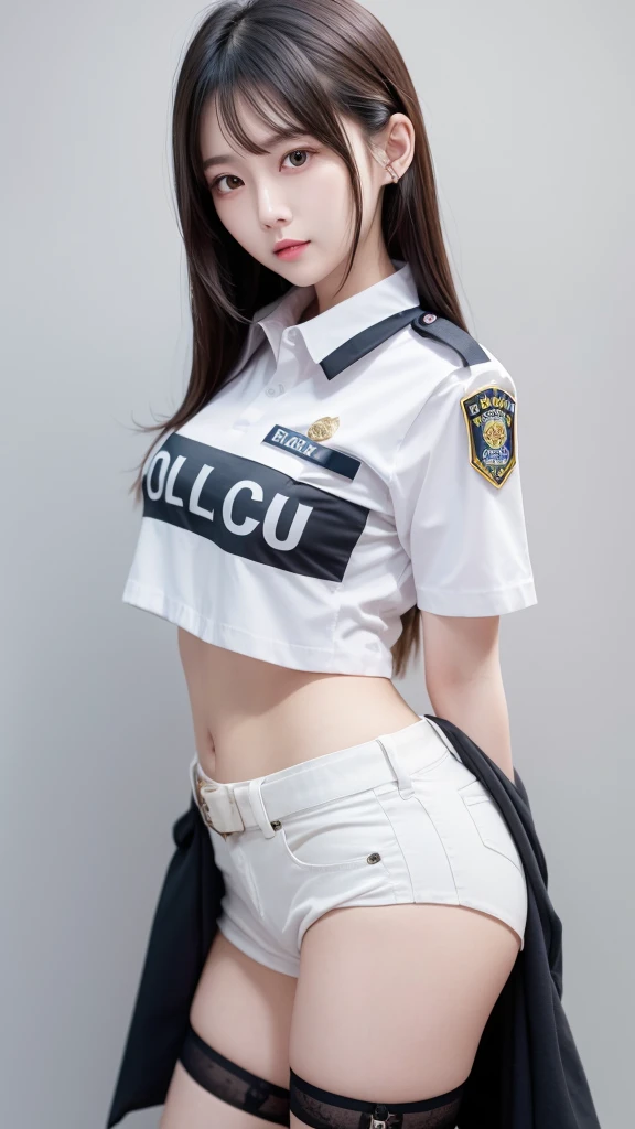 1 Girl, Female police officer, uniform, City of night, facialライティング, Bright backlight, Medium Chest, Ultra-high resolution, Highest quality, photograph, 4K, (photographrealistic: 1.2), mini skirt.(((8K quality))).((((facial,Bukkake,Face Focus)))),Female Body Set Big Breasts, (((Female police officer in uniform, White underwear under uniform))),